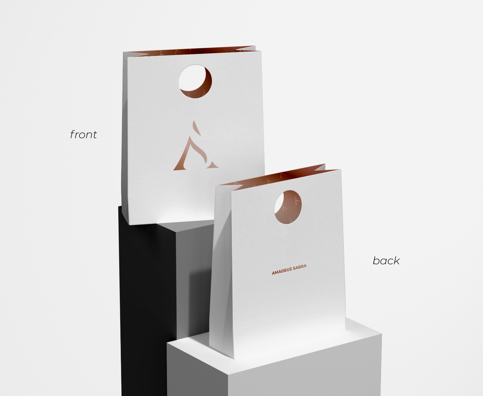 Branded retail shopping bags for Amadeus Sabra.